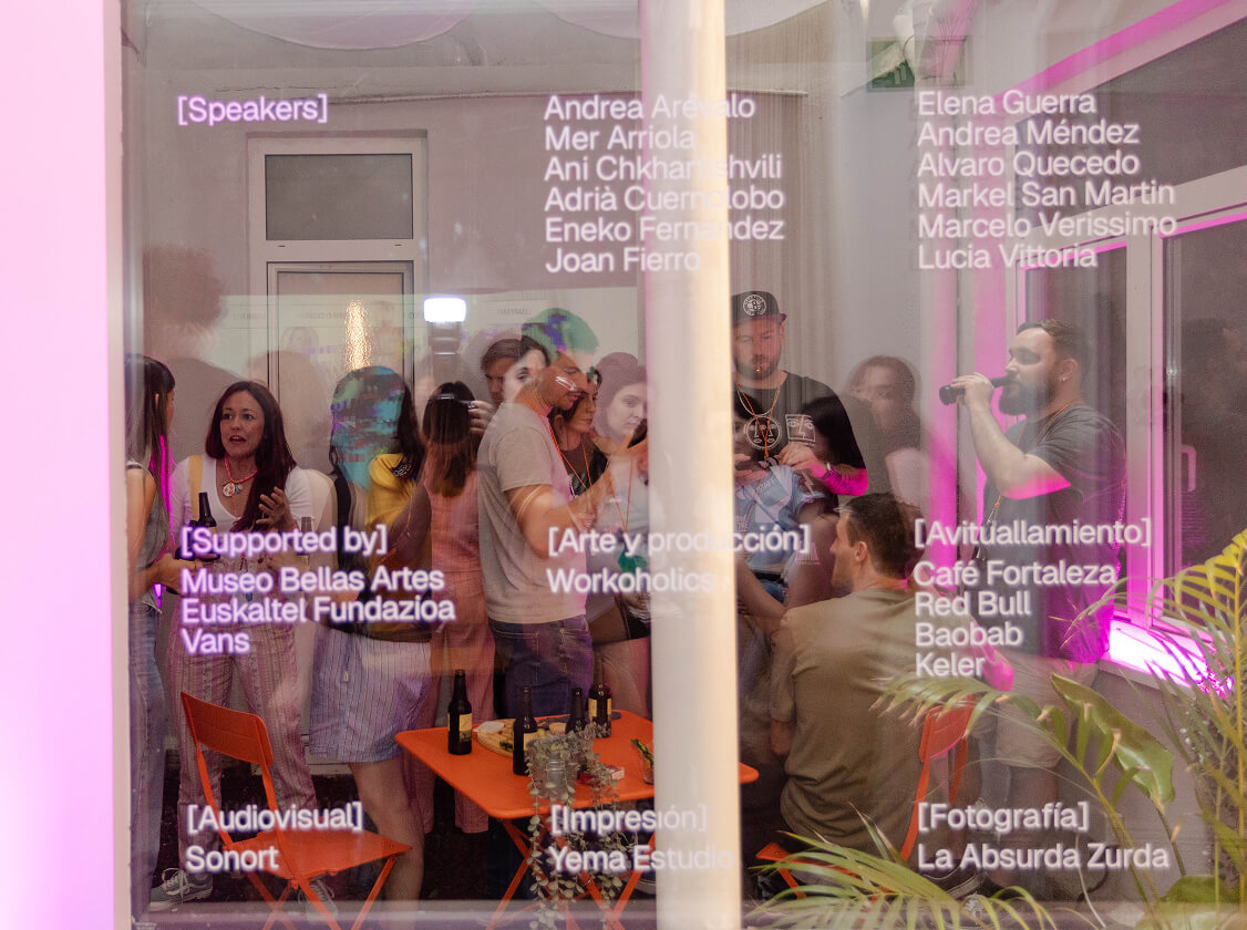 People behind glass with WIP signage